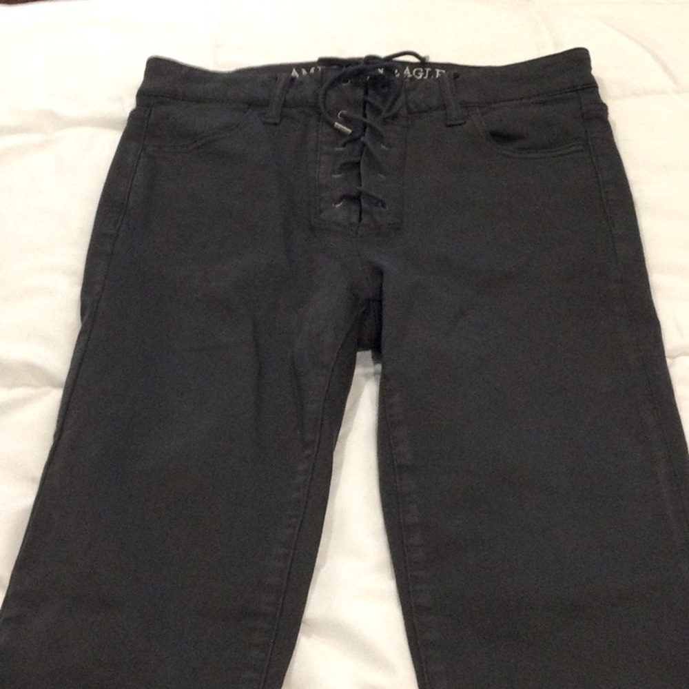 American Eagle gray lace up criss cross jeans, size 2